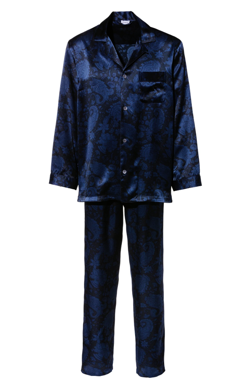 Zimmerli  Pyjama long homme - 100 % soie, motif cachemire bleu foncé