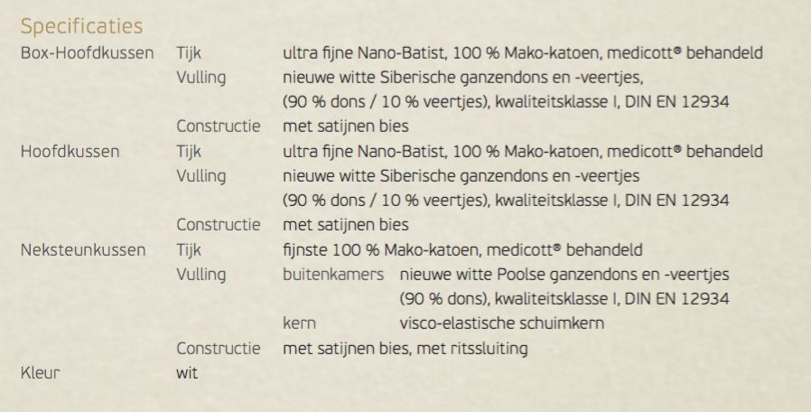 Brinkhaus Hoofdkussen CHALET ( Nieuwe witte Canadese Gansedons ) - Copy