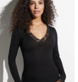 Zimmerli Dames ,Wol en Zijde : T- SHIRT , V hals ( Lange mouw met kant ) (70 % Wol en 30 % zijde  )