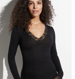 Zimmerli Femme, Laine et Soie : T-shirt, col V (manches longues avec dentelle) (70 % laine et 30 % soie)