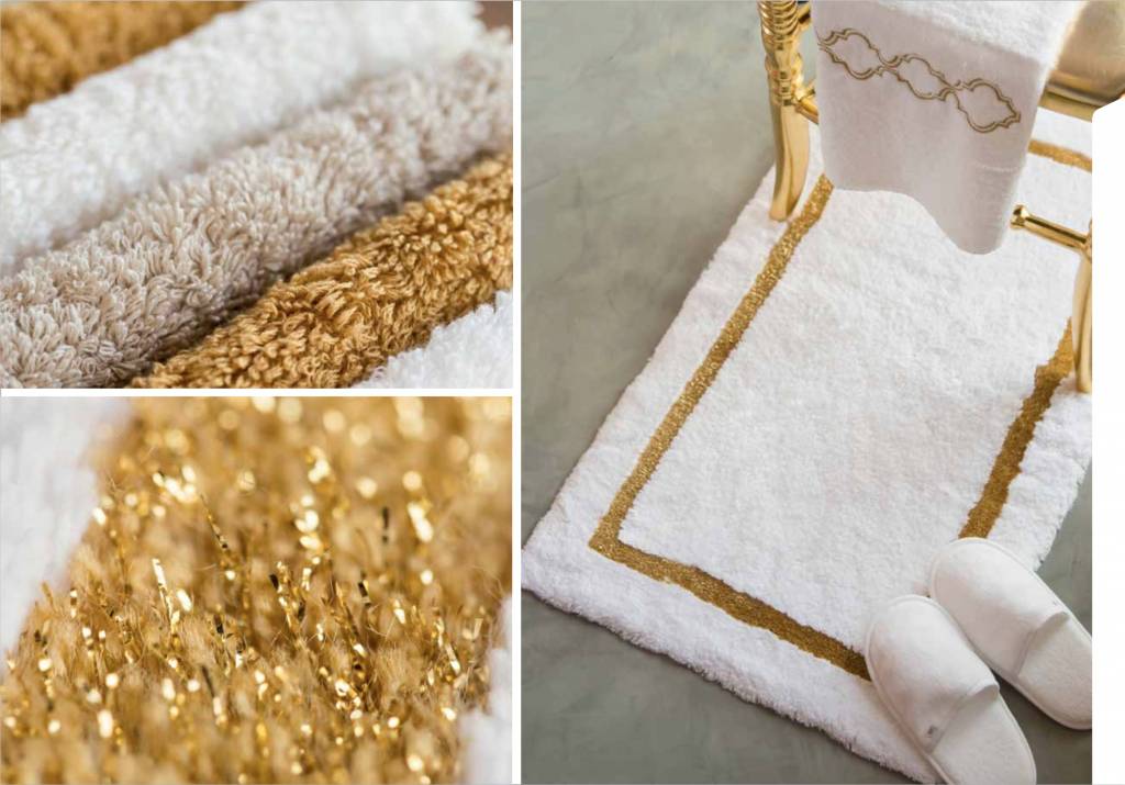 Habidecor Bath carpet KARAT i. - 90 % Egyptian cotton - Giza 70 , Extra long threads / 5 % Acrylic / 5 % Lurex - 2500 g/m2 .
