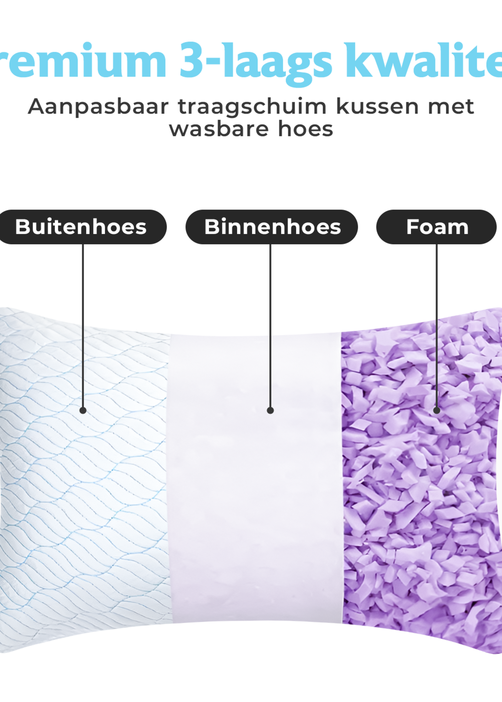 Densi Densi Hoofdkussen - Traagschuim vulling - Hoofdkussen Nekklachten - ontspannend Lavendel - Geschikt voor rug-, zij- en buikslapers - Winter & Zomerkant - Inclusief Extra 150g Schuim