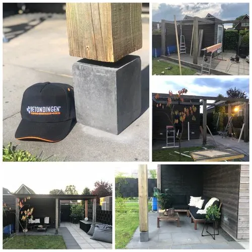 Moderne betonpoer 15x15 cm gebruiken als betonvoet voor een houten paal