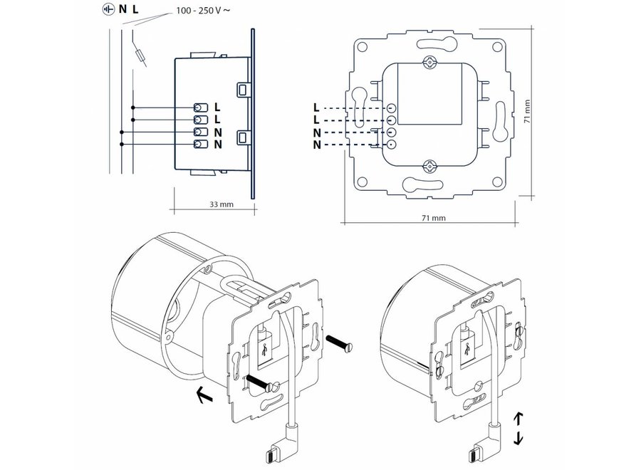 Inbouwadapter 230v  naar USB-C