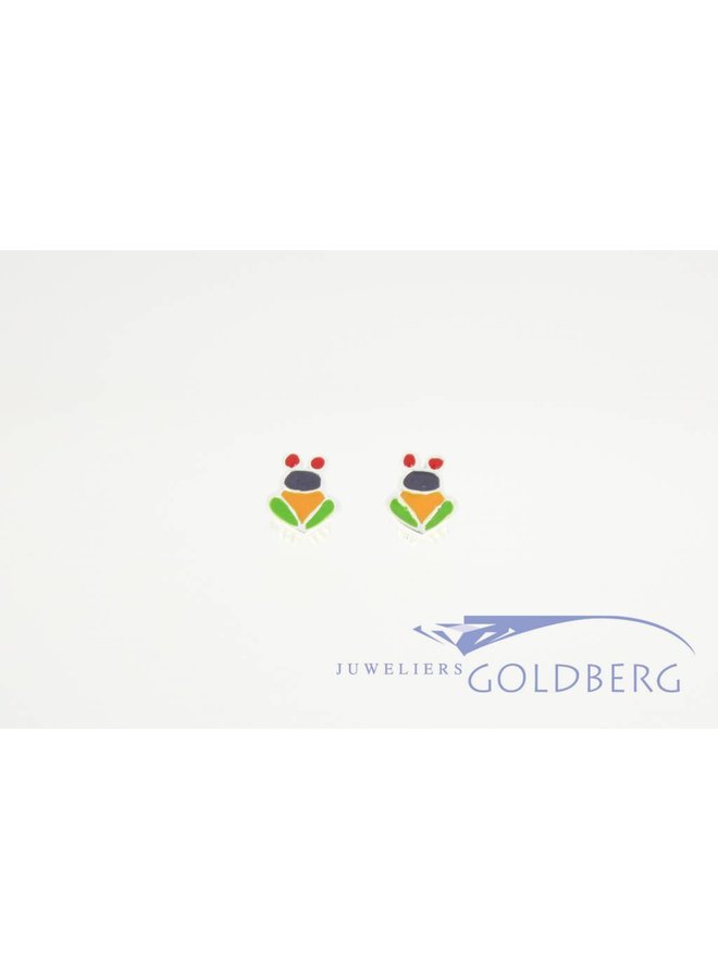 Frog shaped silver earstuds, colored