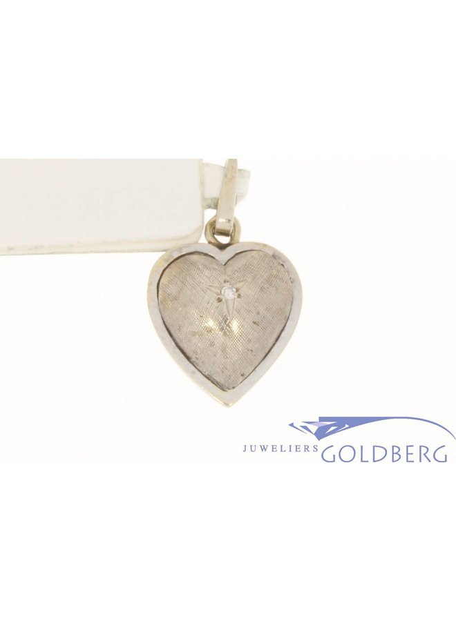 Vintage 14k witgouden bewerkte hanger hart met een sterretje en diamant