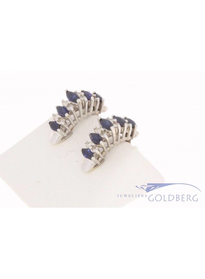 Vintage 18 carat white gold ear clips with ca. 0.24ct brilliant cut diamond and blue sapphire