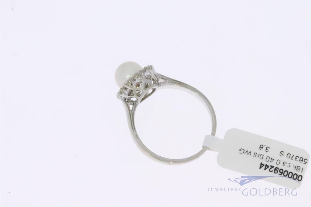 Beste 18k witgouden roset ring met 0.40ct diamant en parel - Goldberg UY-55