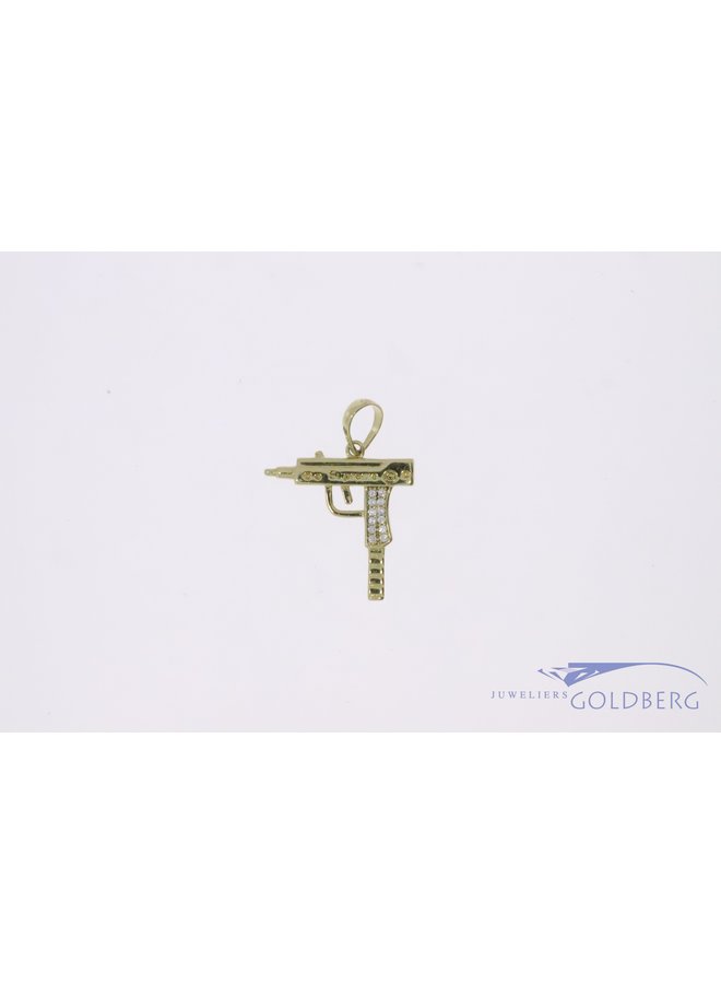 14k gouden mini "UZI" hanger met witte zirconia