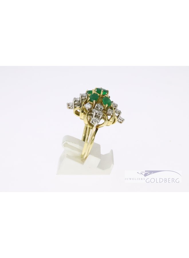 Prachtige 18k geelgouden ring met 5 smaragden en 18 diamanten