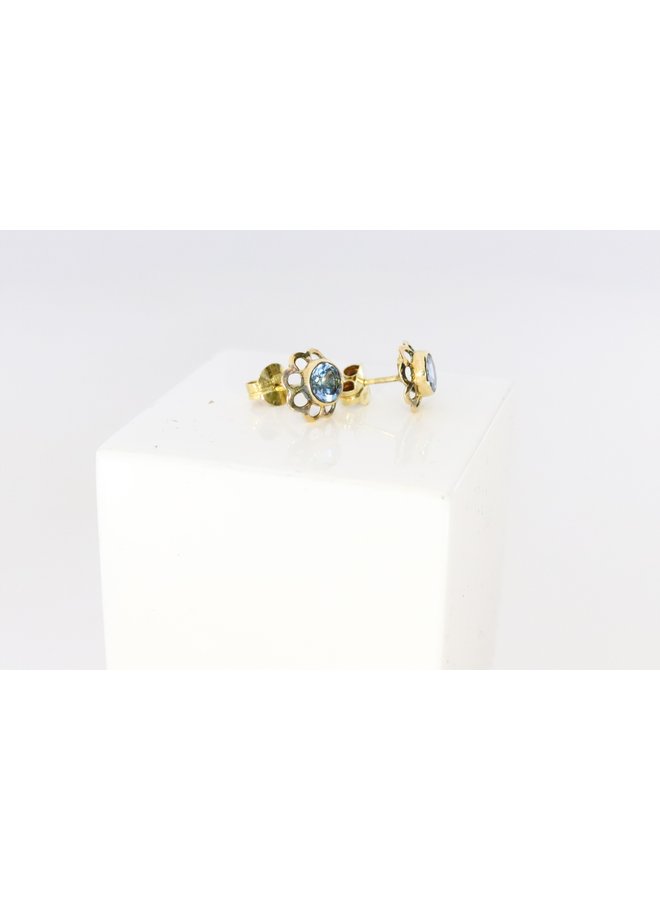 yellow gold 14k earrings with aquamarine colored spinel.