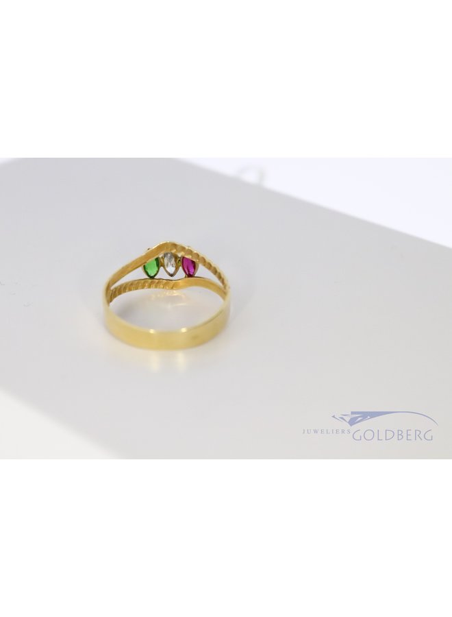 14 carat fantasy ring with 3 marquis-shaped colored stones