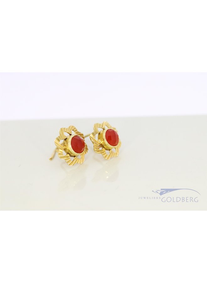 14k yellow gold ear studs with carnelian gemstone