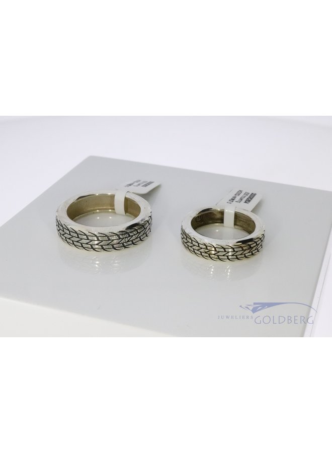 Silver car tire wedding band set