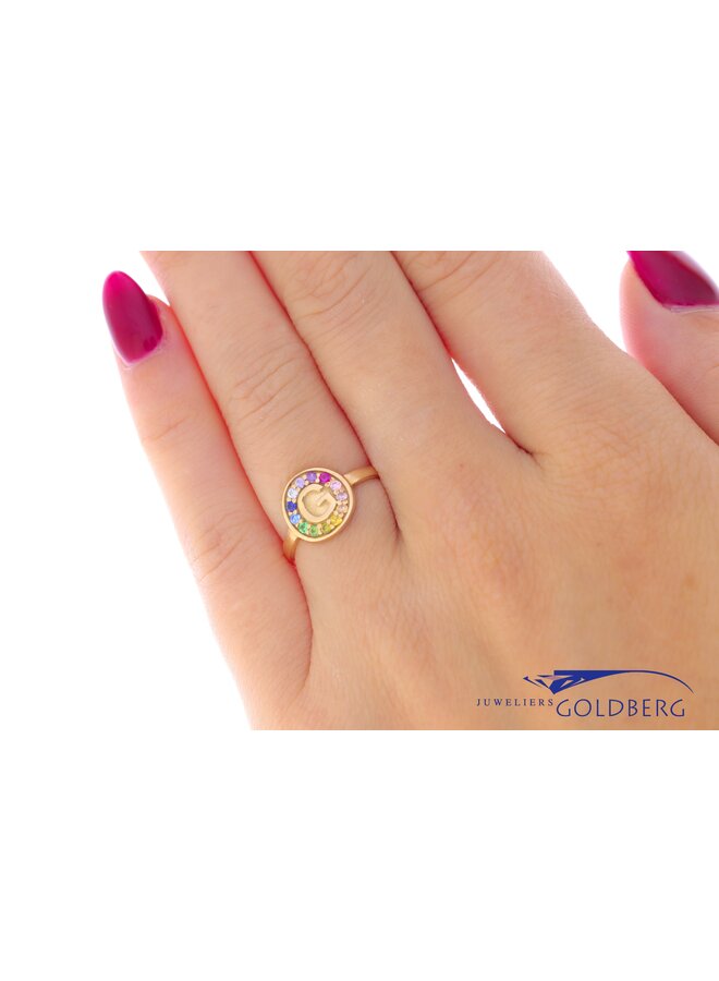 14k gold ''G'' ring with colored stones from our own studio