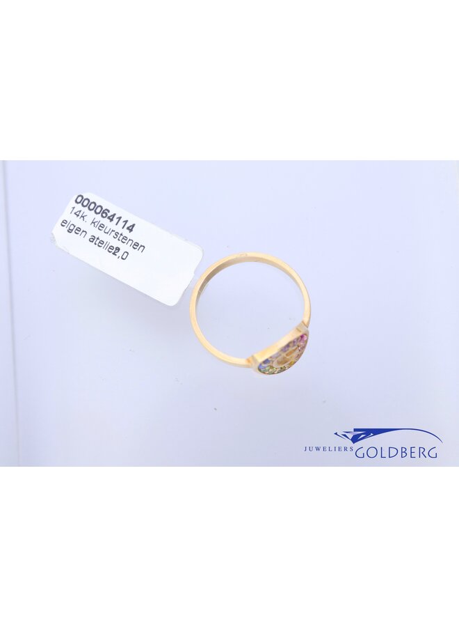 14k gold ''G'' ring with colored stones from our own studio