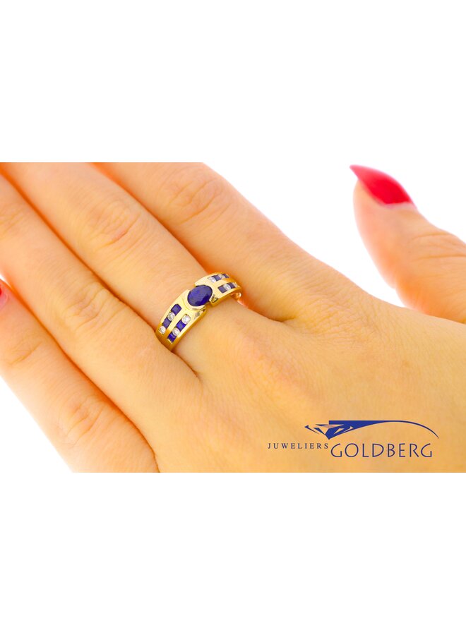 18k gouden vintage ring met blauwe saffier en briljanten