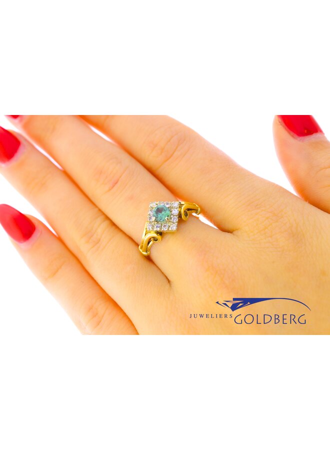 14k gouden vintage bicolor ring met groenblauwe en witte zirkonia