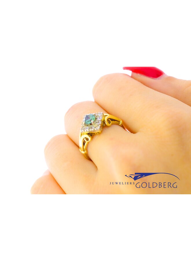 14k gold vintage bicolor ring with greenblue and white zirconia