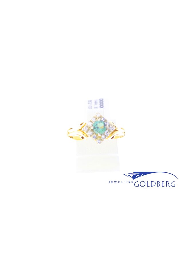 14k gouden vintage bicolor ring met groenblauwe en witte zirkonia