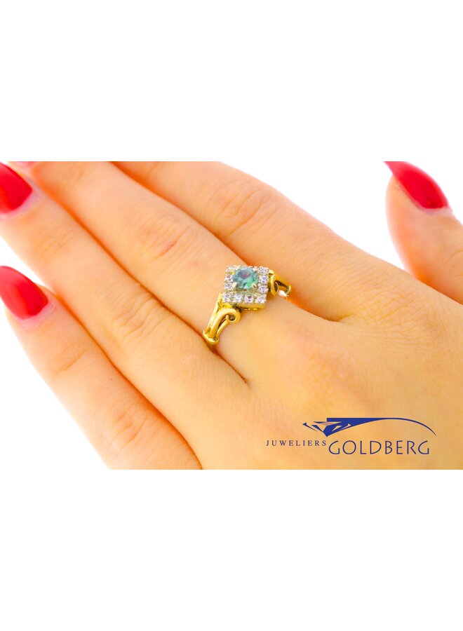 14k gold vintage bicolor ring with greenblue and white zirconia