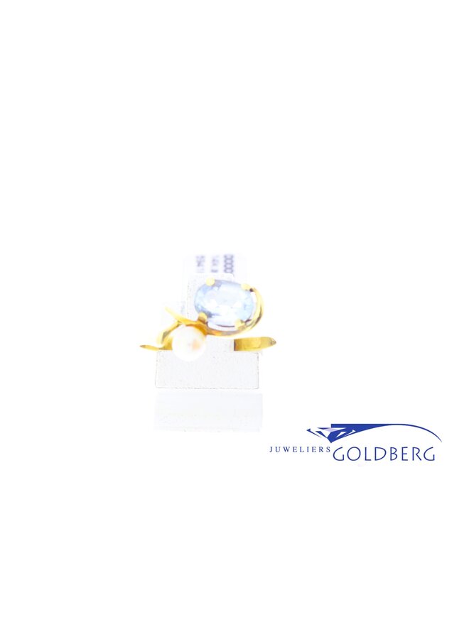 14k gouden vintage ring met aquamarijn en parel
