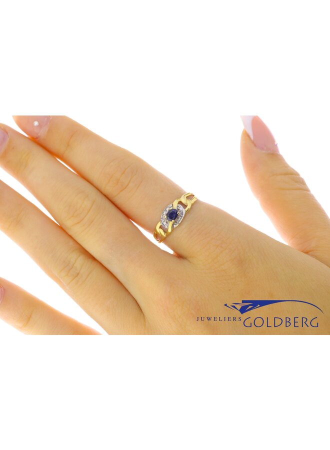 14k gouden vintage ring blauwe saffier en diamant
