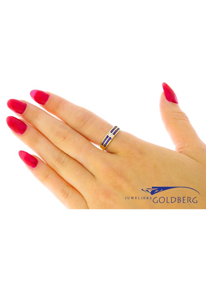 18k gouden vintage ring met diamanten en blauwe saffieren