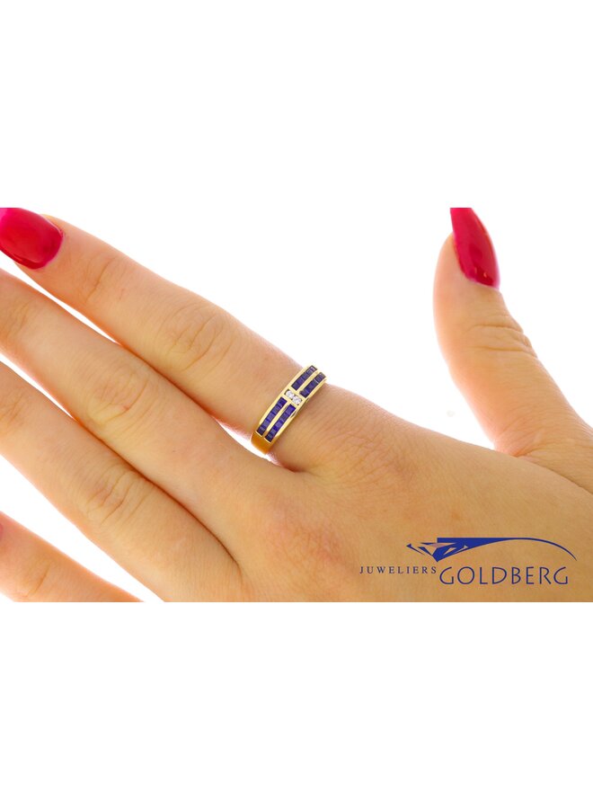 18k gouden vintage ring met diamanten en blauwe saffieren