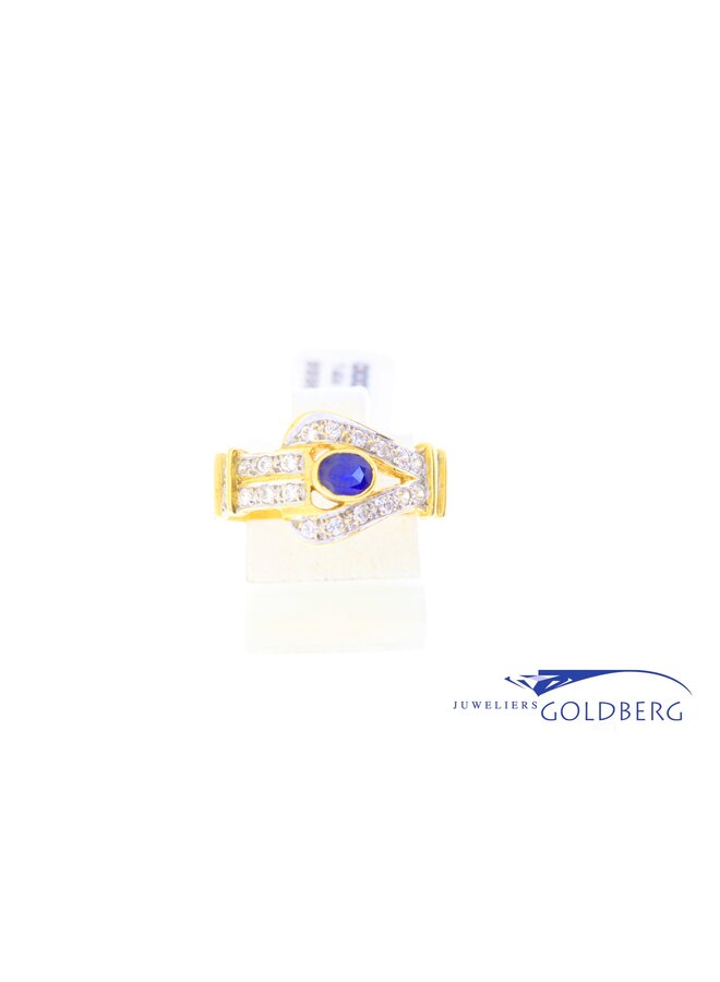 14k gold vintage ring with zirconias and synthetic sapphire