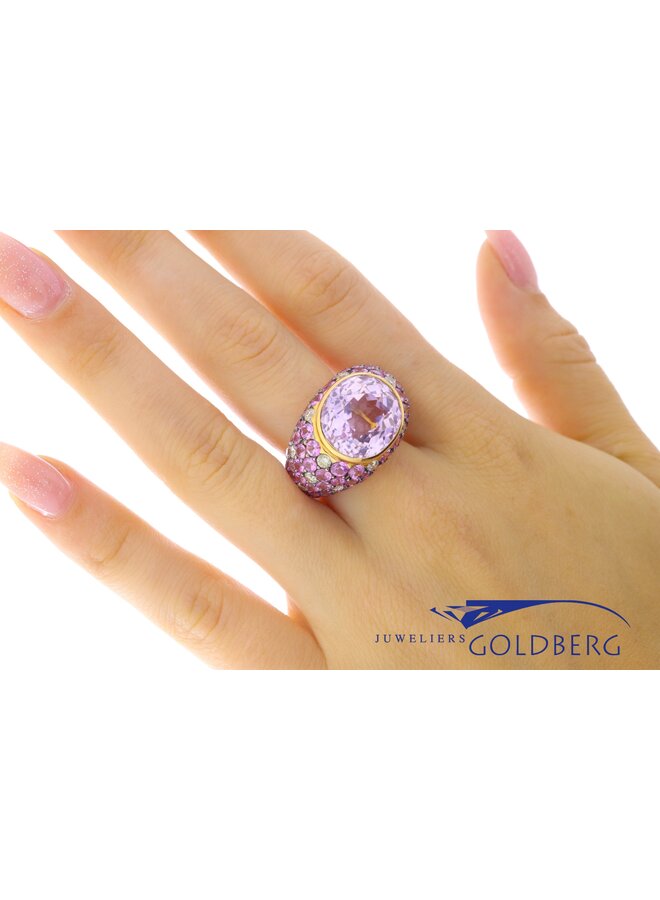 Vintage 18k rose gouden ring met briljant en roze zirconia