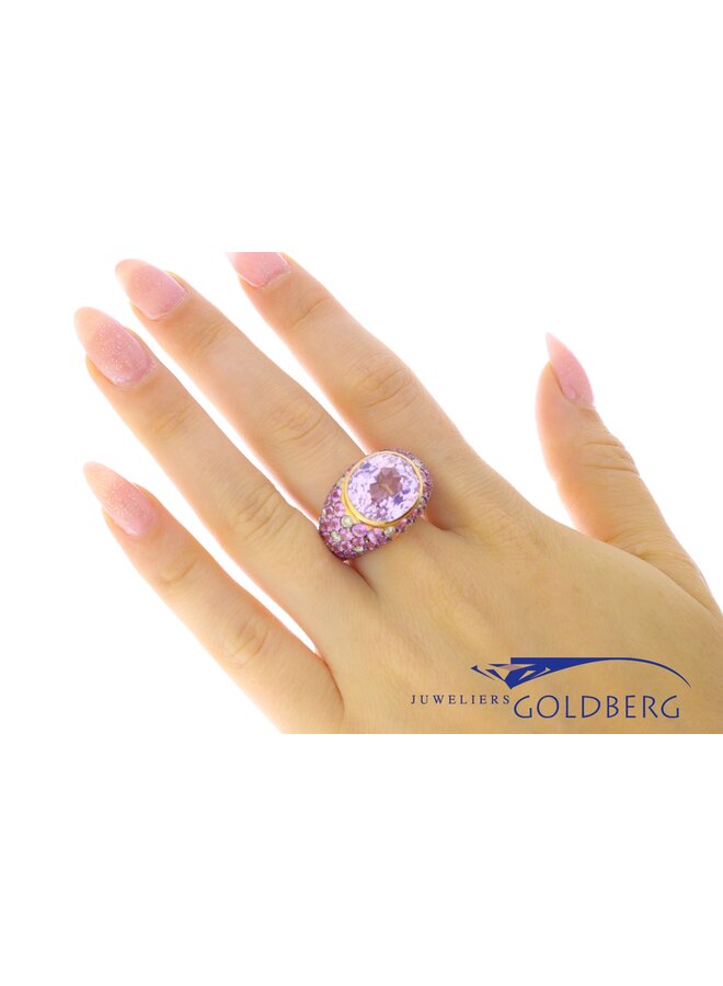 Vintage 18k rose gouden ring met briljant en roze zirconia