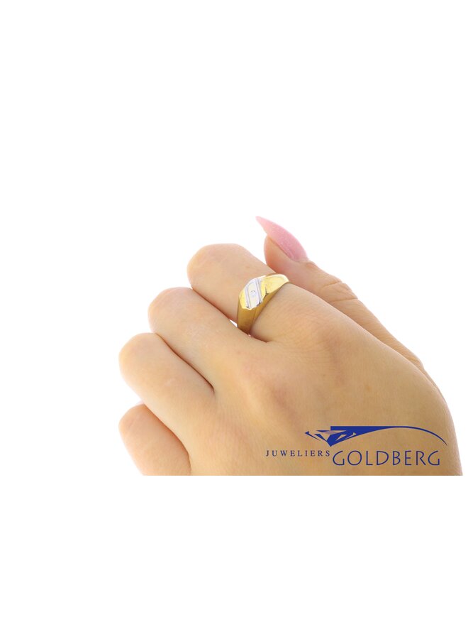 14k gouden bicolor retro zegelring/pinkring (jaren '80-'90 stijl) met zirconia