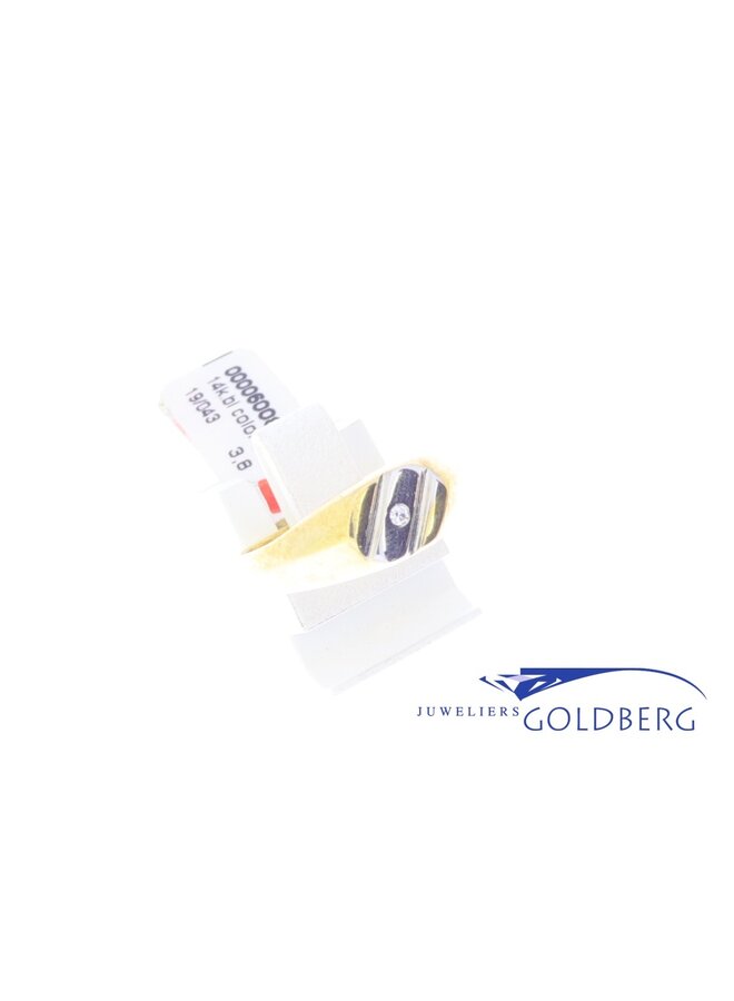 14k gouden bicolor retro zegelring/pinkring (jaren '80-'90 stijl) met zirconia