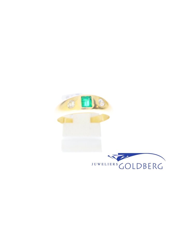 vintage 14k gouden unisex ring met synthetische smaragd en ca. 0.20ct briljant geslepen diamant