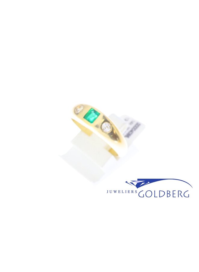 vintage 14k gouden unisex ring met synthetische smaragd en ca. 0.20ct briljant geslepen diamant