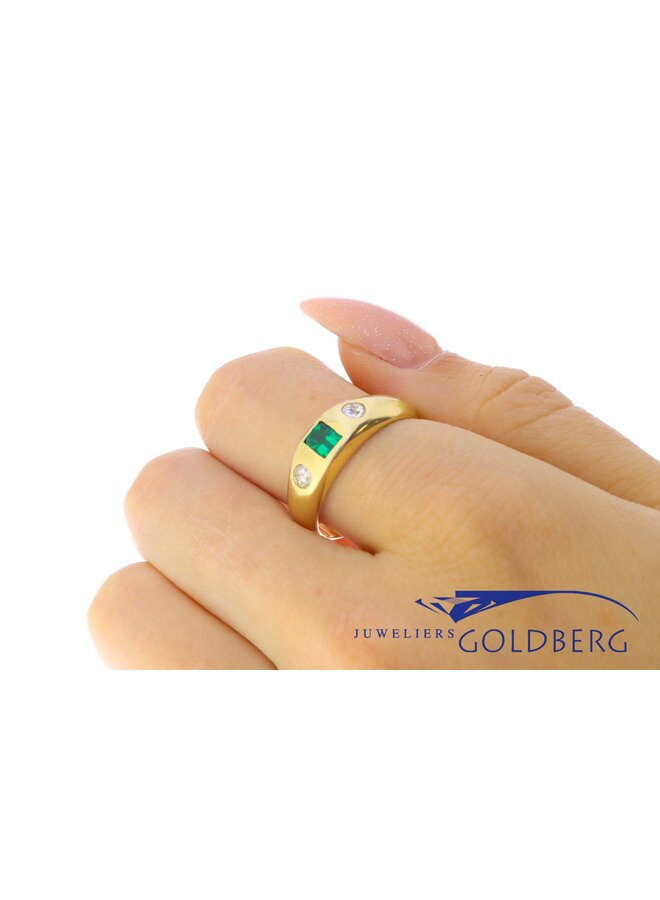 vintage 14k gouden unisex ring met synthetische smaragd en ca. 0.20ct briljant geslepen diamant