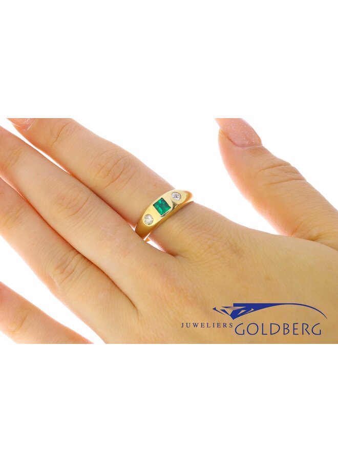 vintage 14k gouden unisex ring met synthetische smaragd en ca. 0.20ct briljant geslepen diamant