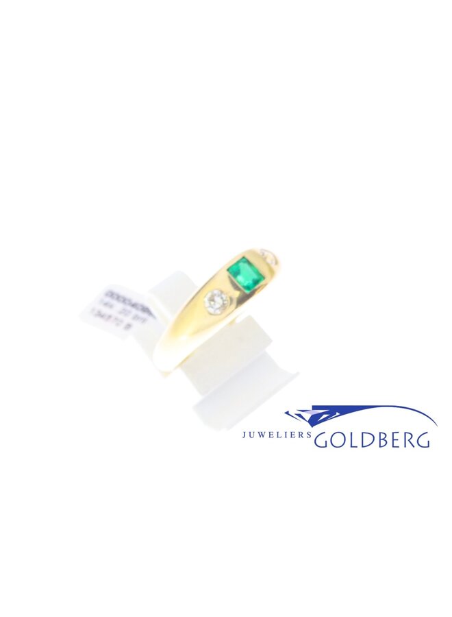 vintage 14k gouden unisex ring met synthetische smaragd en ca. 0.20ct briljant geslepen diamant