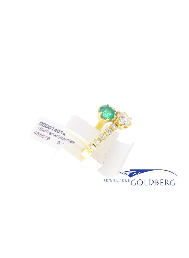 Antique 18 carat gold ring with emerald and  ca. 0.86ct brilliant cut diamond