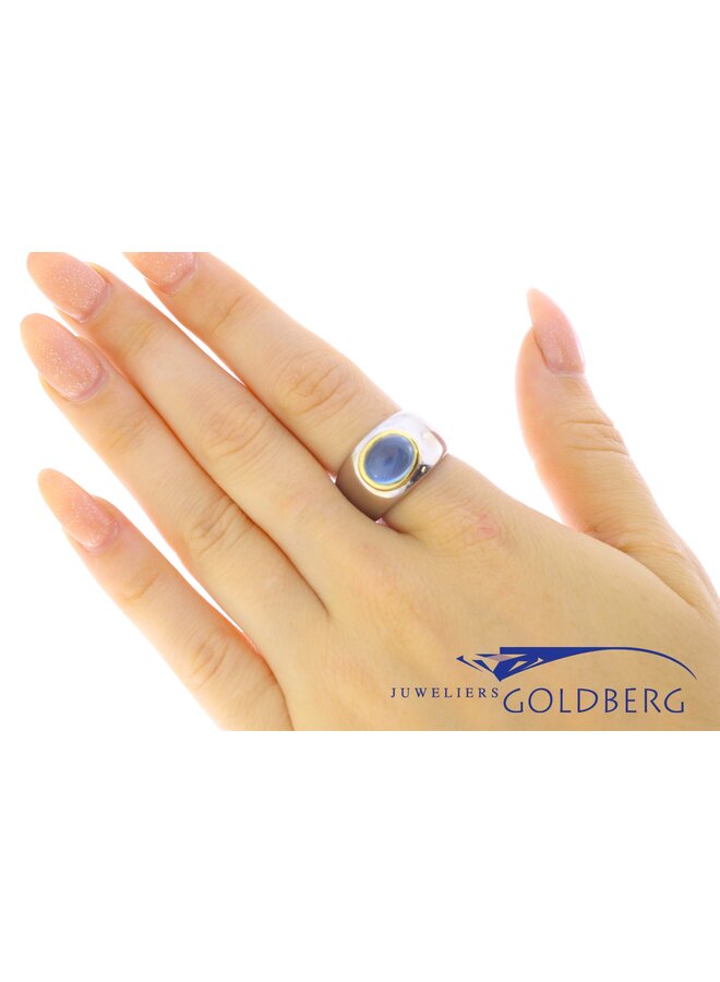 Robuuste vintage 18k bicolor gouden unisex ring met topaas
