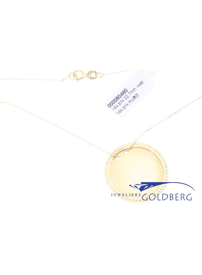 Golden engraving coin pendant 23mm with zirconia 14k with chain