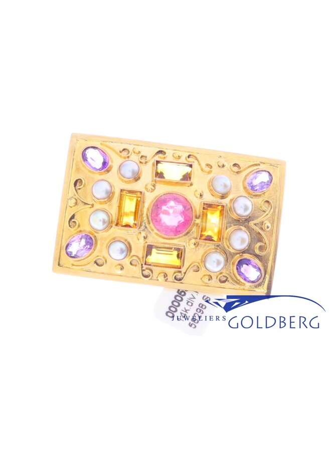 14k gold brooch/pendant with various gemstones