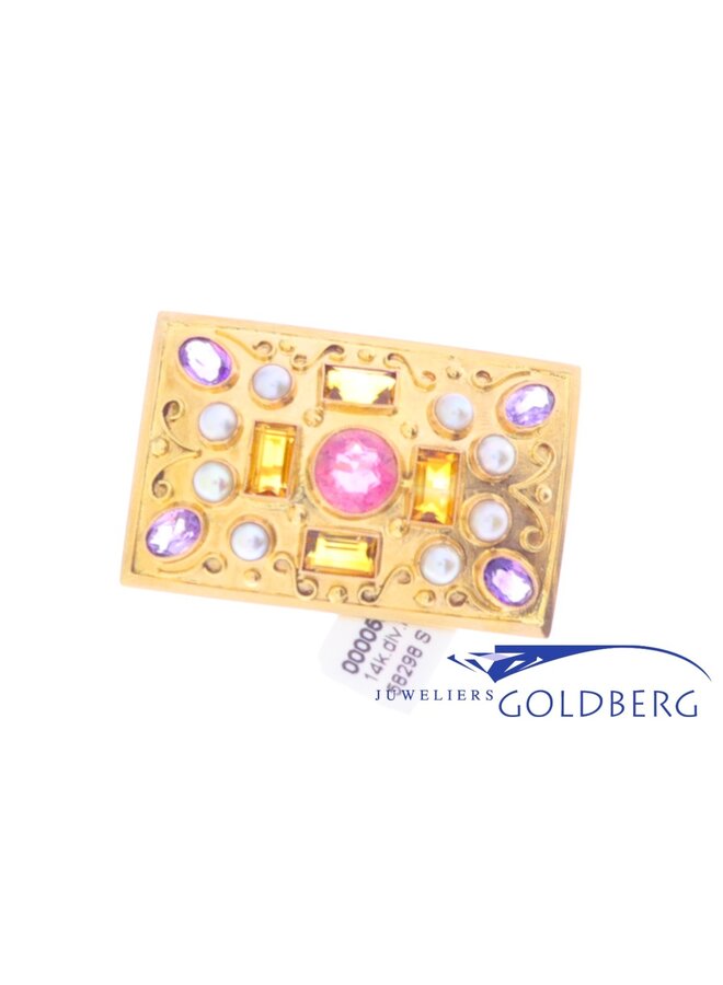 14k gold brooch/pendant with various gemstones