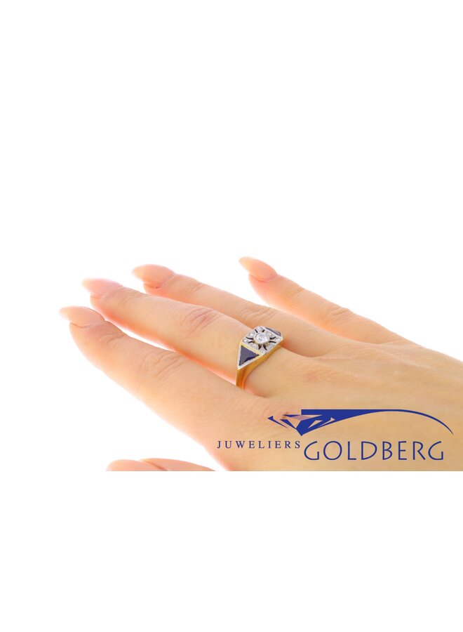 18 kt Art Deco French ring with diamond and sapphire