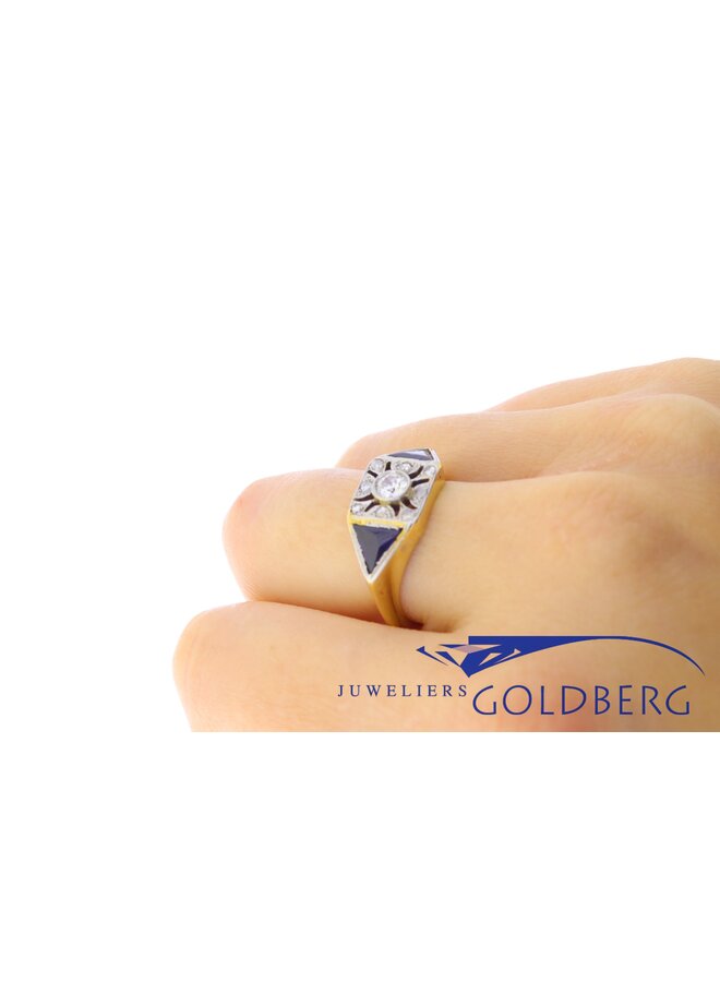 18 kt Art Deco French ring with diamond and sapphire