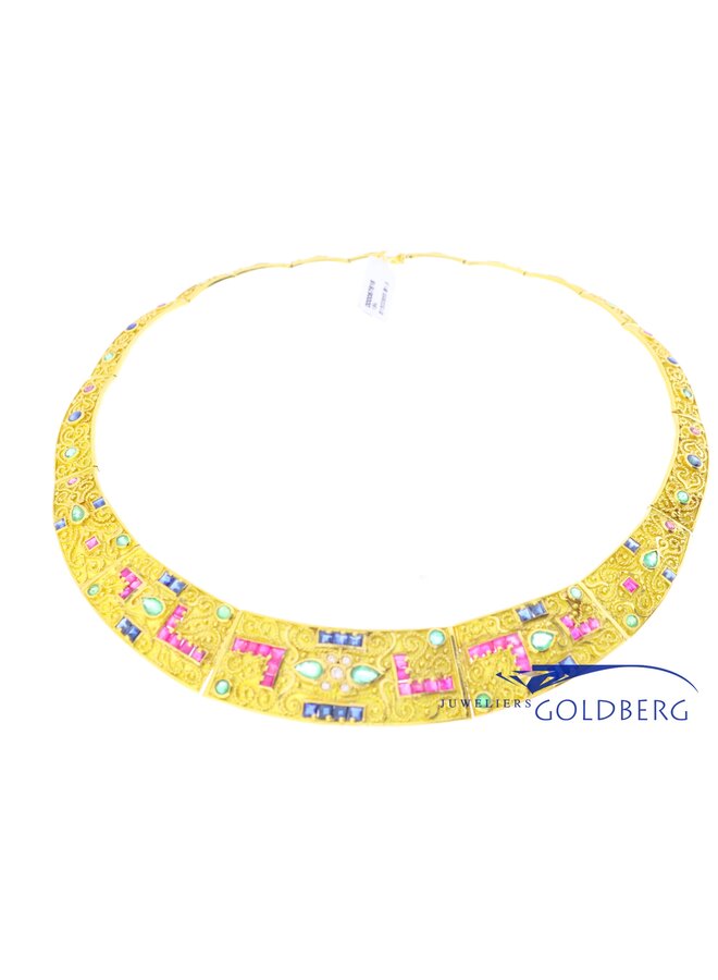 18k gold vintage necklace with ruby, sapphire, emerald & diamond