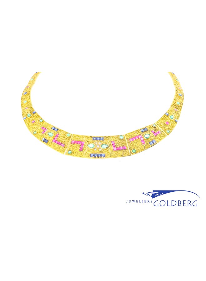 18k gouden vintage collier met robijn, saffier, smaragd & diamant