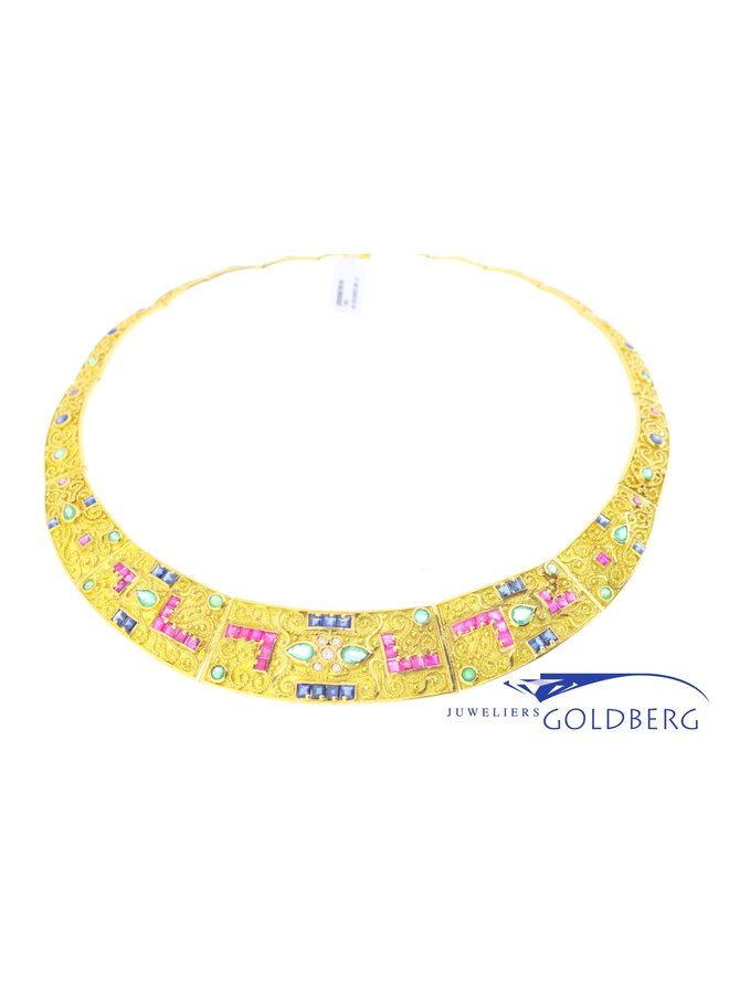 18k gouden vintage collier met robijn, saffier, smaragd & diamant