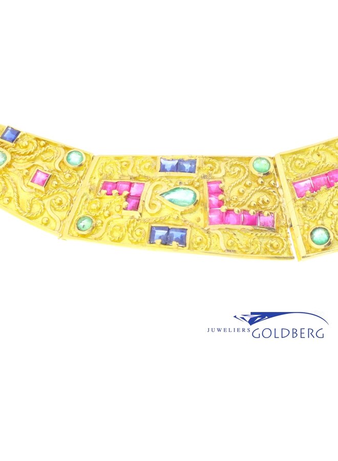 18k gold vintage necklace with ruby, sapphire, emerald & diamond